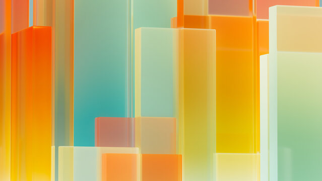 Bright geometric glass blocks stand upright against a soft background