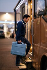 Obraz premium Service technician carrying a tool case and stepping into a motorhome at dusk for mobile vehicle repair, RV maintenance services and transport industry advertising