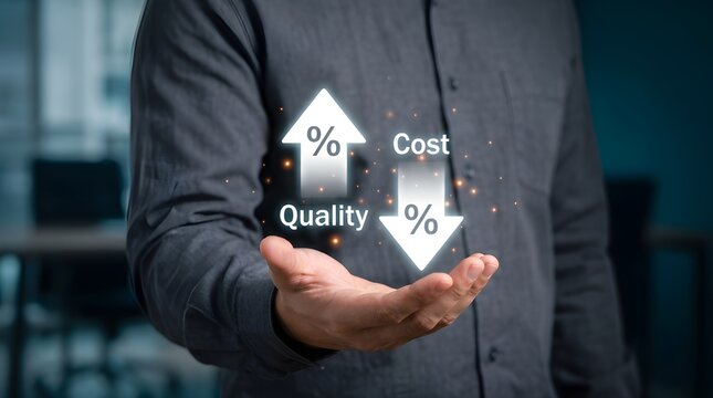 Business professional holds glowing digital icons representing increased product quality and decreased production costs for optimization