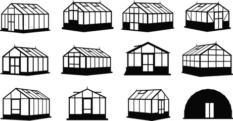 Collection of greenhouse silhouettes and glasshouse structures isolated on light background for gardening and agriculture © MSTALIFNUR