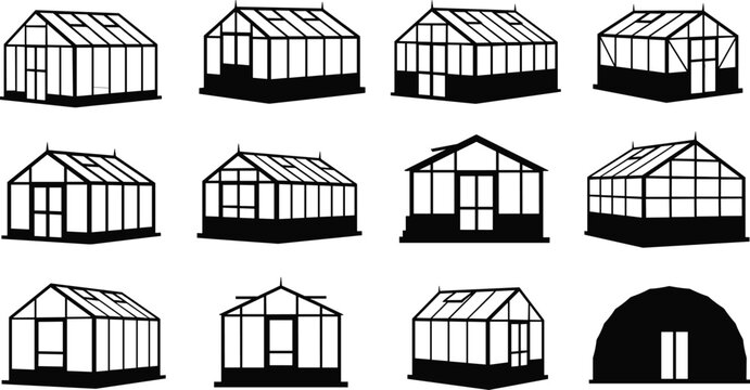 Collection of greenhouse silhouettes and glasshouse structures isolated on light background for gardening and agriculture
