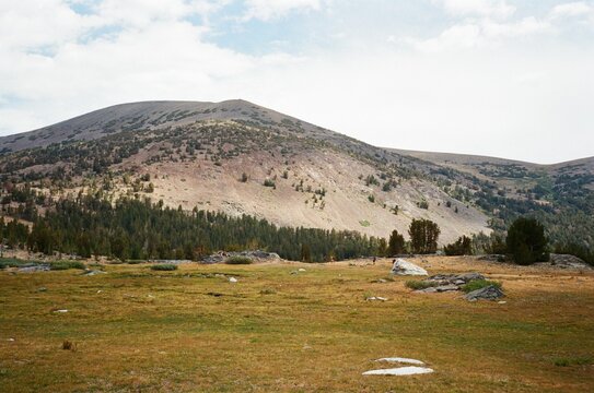 film landscape meadow and granite hill on cloudy day 