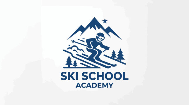 Vector illustration of a skier descending a snowy mountain slope, with pine trees and a star in the sky, perfect for a ski school logo.