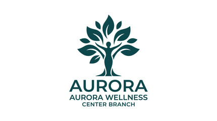 Wellness logo with human figure as tree trunk and leaves, representing growth and nature, isolated on white background. © MAHARANI