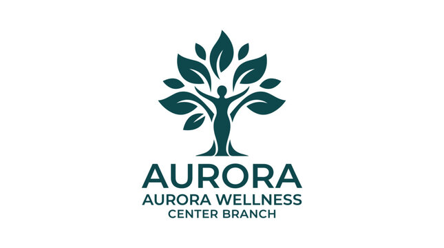 Wellness logo with human figure as tree trunk and leaves, representing growth and nature, isolated on white background.