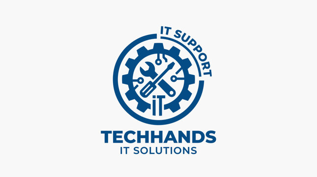 IT support logo with gear, wrench, screwdriver, and text "Techhands IT Solutions"