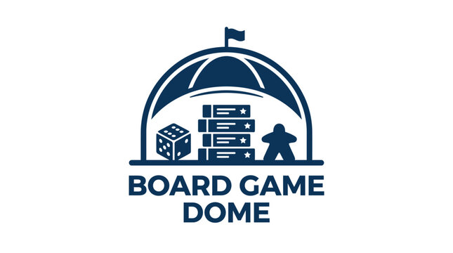 Board game dome logo with dice, meeples and cards