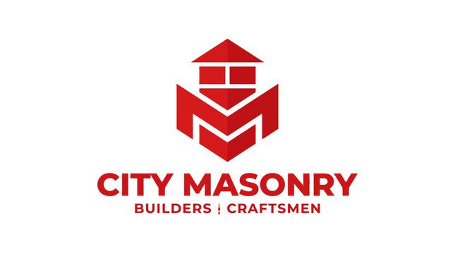 Red abstract 'M' shape logo with house icon and "City Masonry Builders Craftsmen" text