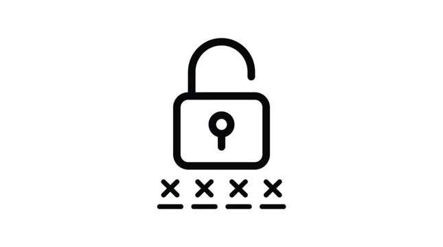 Minimalist black outline icon of an unlocked padlock showing four input fields for a secret numeric pin code on a clean and simple white background surface