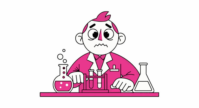 Stressed cartoon scientist with lab experiments and chemicals.