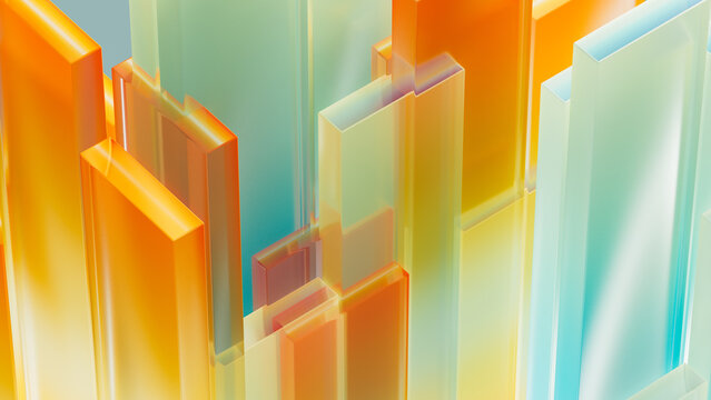 Bright geometric glass blocks stand upright against a soft background