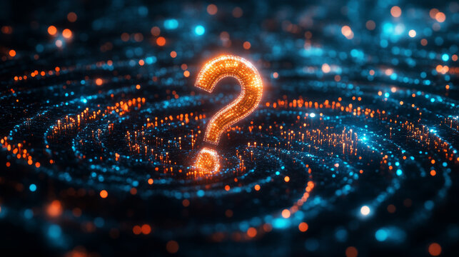Futuristic abstract tech background featuring a swirling vortex of glowing data particles forming a question mark