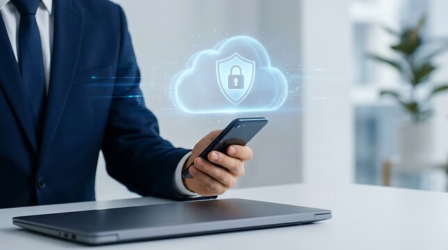 Secure cloud storage and data privacy system used by a professional entrepreneur working with a digital interface on a notebook