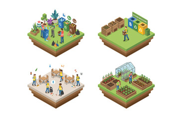 Naklejka premium Isometric collection illustrating community-led initiatives for environmental sustainability, waste management, and green living practices