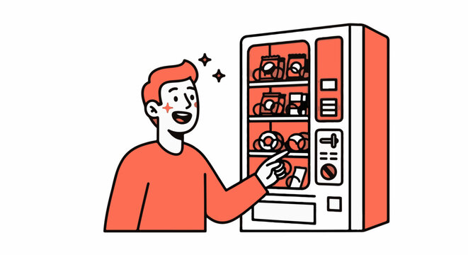 Happy man selecting snack from colorful vending machine.