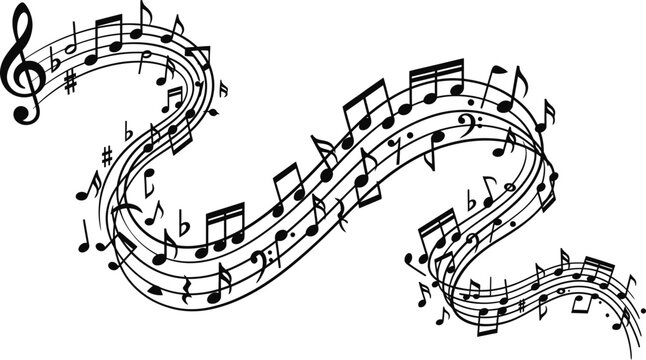 Abstract flowing musical stave with various musical notes.