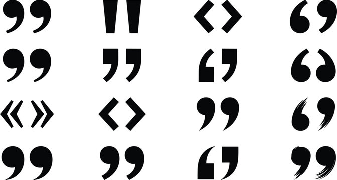 Quotation marks icon set, black and white punctuation symbols, speech and dialogue marks, typography elements, vector illustration