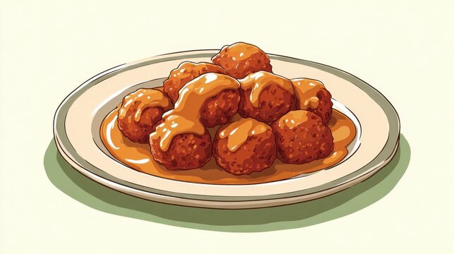 Meatballs with gravy sauce on a plate, anime style illustration