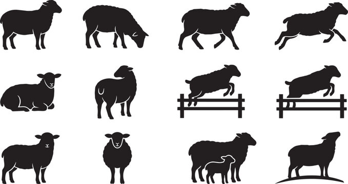 Detailed vector silhouettes of sheep displaying a range of behaviors such as standing, jumping, and mother with offspring, suitable for farm animal graphics