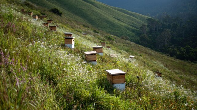 Wooden beehives on a flowering hillside meadow in soft natural light