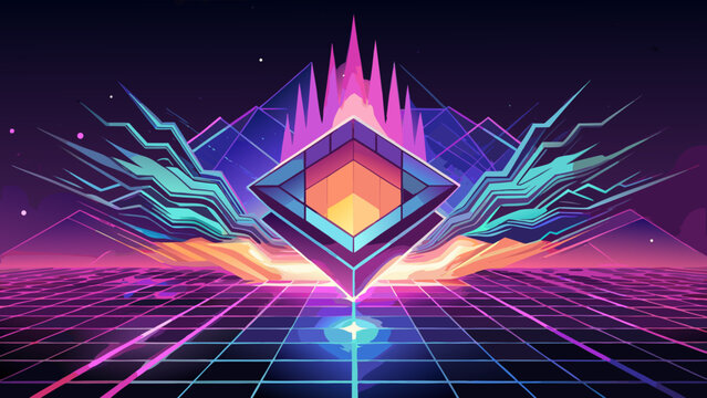Abstract geometric prism shape with radiant energy waves and retro grid horizon geometric abstract retrowave synthwave technology futuristic mountain background structure computer landscape