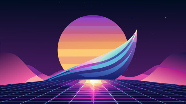 Abstract geometric arc shape over glowing sun retro horizon with geometric abstract retrowave synthwave technology futuristic landscape background computer visualization perspective