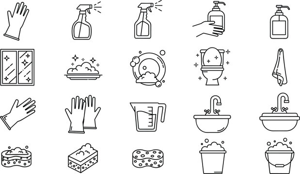 Cleaning service and housekeeping outline icon set featuring rubber gloves spray bottles dishwashing toilet towel sink basin sponge soapy bucket vector elements