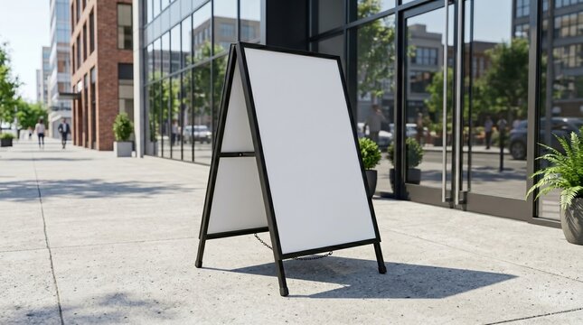 Blank a-frame signage on city sidewalk in business district with sidewalk advertisement storefront marketing