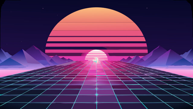 Retro synthwave landscape with glowing grid and digital sunset synthwave vaporwave landscape background mountains eighties abstract perspective colorful creative computer nostalgia
