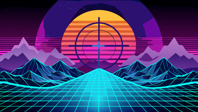 Futuristic retro sunset landscape with crosshair target and mountain range landscape crosshair mountains synthwave retrowave vaporwave background illustration technology futuristic abstract