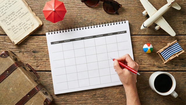 Top view of a hand marking vacation dates on calendar with travel miniatures.