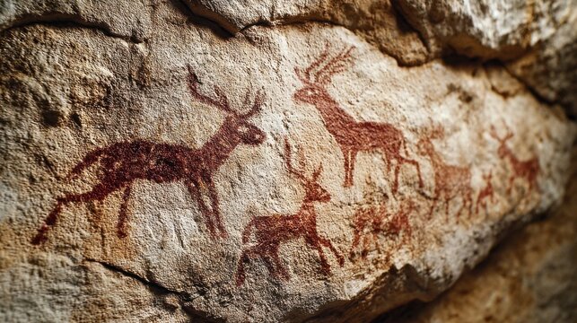 Prehistoric cave painting with deer figures on ancient stone wall