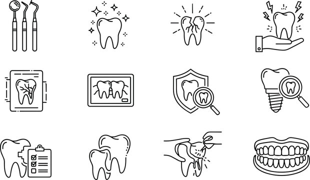 Dental care and dentistry outline icon set featuring instruments healthy tooth ache xray shield implant checkup cracked teeth and dentures vector
