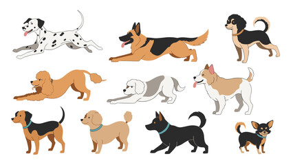 Naklejka premium Diverse group of dog breeds shows various canines in different active poses like running, stretching, and standing for pet lovers.