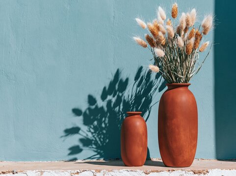 Aqua blue wall with copy space and red ceramic vases holding dried lagurus grass for interior design inspiration, home decor marketing and lifestyle branding