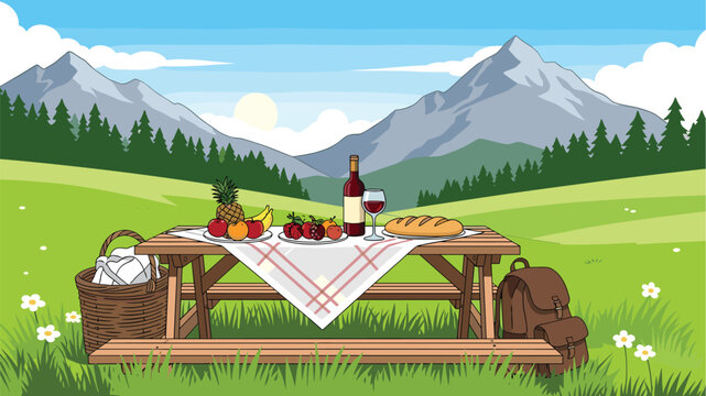 Picnic table set with fresh fruit, bread, and red wine sits in a beautiful mountain meadow under a bright sun and clear blue sky.