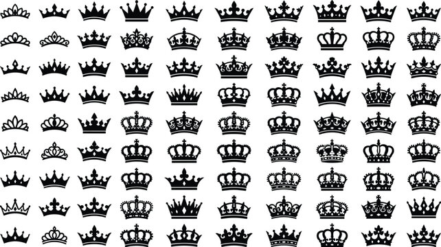 Royal crown icon set, luxury king and queen crowns, black and white heraldic symbols, vintage monarchy vector illustration