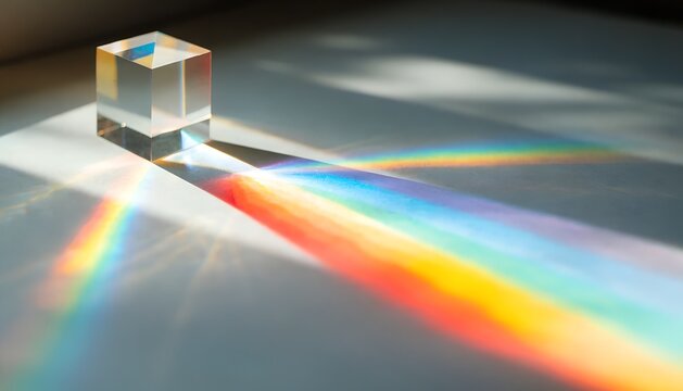 Rainbow light reflection on transparent glass cube with prism effect in dark background