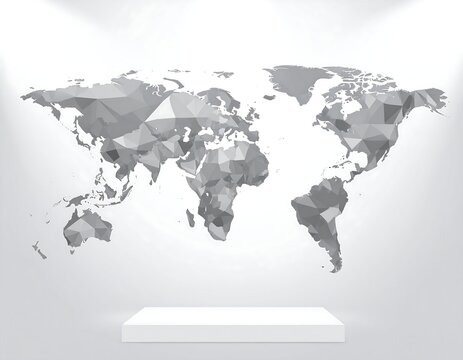 A grayscale polygonal world map on a white background with a rectangular platform