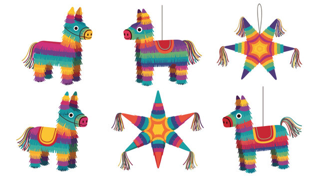 Set of traditional Mexican pinatas includes colorful donkey and star shapes decorated with vibrant paper fringes for festive celebrations.