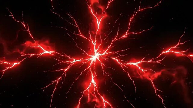 Lightning strike animation featuring intense red electric discharge spreading across a dark background in this high quality motion video footage