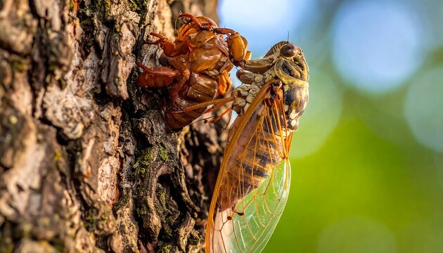 Cicada emerges from shell on tree trunk, wings still attached, against blurry green bokeh background