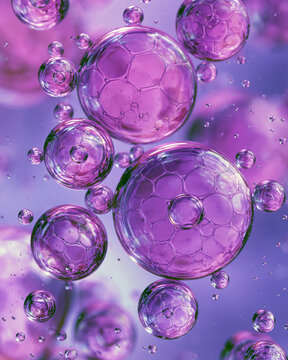 Lavender oil droplets under microscope with terpene molecule pattern for floral biotech aromatherapy science concept