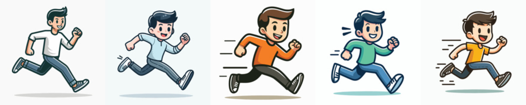 Collection of cartoon running men icons in various outfits and poses, representing speed and motion