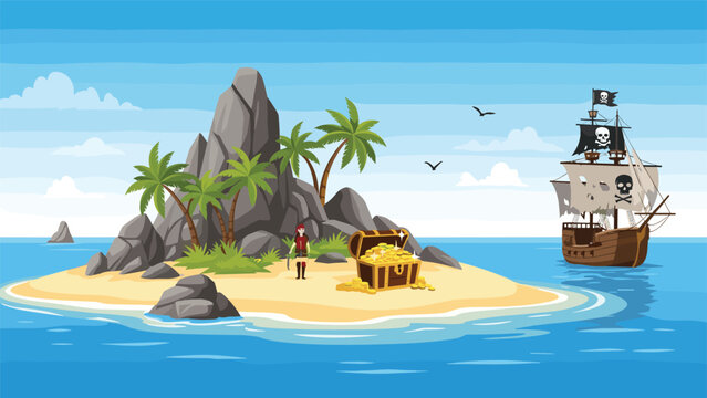 Tropical pirate treasure island landscape features a hidden chest overflowing with gold, a pirate ship, and several tall palm trees.