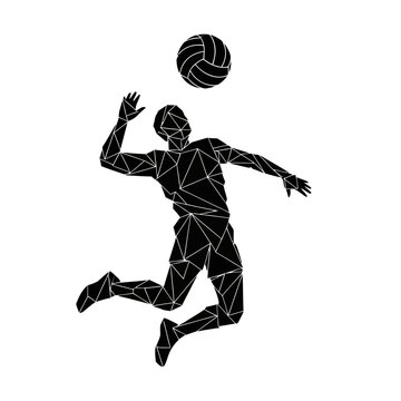 Geometric low poly volleyball player spiking the ball