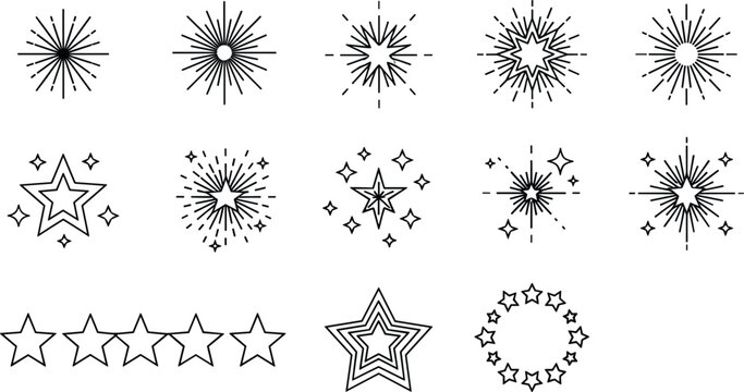 Sparkle star and burst icon set vector line art illustrations featuring starburst bursts glittering twinkles fireworks festive decorations and customer rating symbols