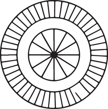 Symmetrical circular pattern with radial spokes and segmented outer ring abstract geometry graphic design