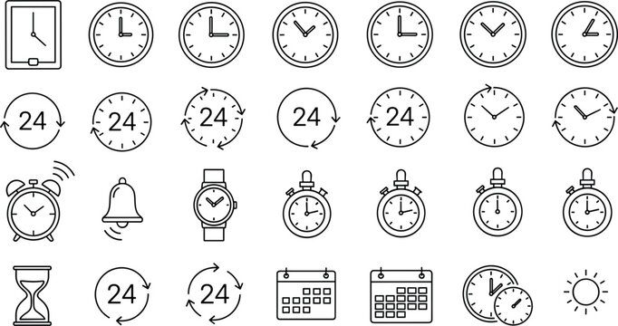 Time management and schedule icon set vector line art illustrations featuring wall clocks 24 hours service alarm stopwatch calendar and countdown timer symbols