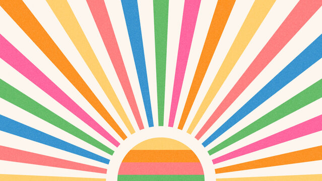 Vintage Colorful Sunrise Background With Retro Rainbow Sunburst Rays Texture